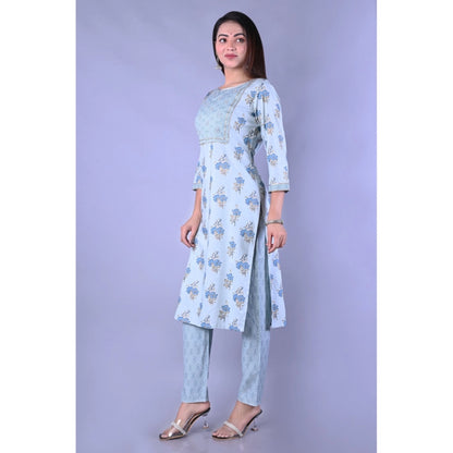 Blue Printed Rayon Kurti with Pant Set