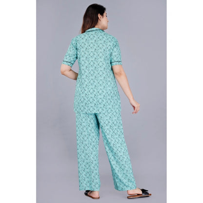 Casual Half Sleeve Printed Viscose Rayon Shirt With Pyjama Pant Night Suit Set (Green)