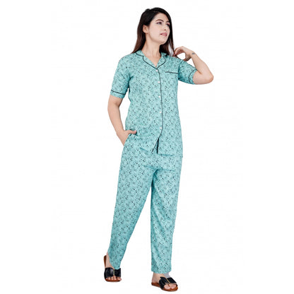 Casual Half Sleeve Printed Viscose Rayon Shirt With Pyjama Pant Night Suit Set (Green)