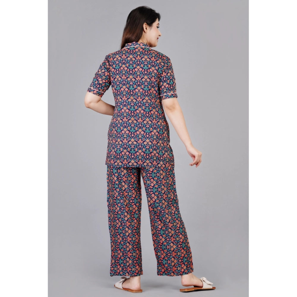 Casual Half Sleeve Printed Viscose Rayon Shirt With Pyjama Pant Night Suit Set (Blue)