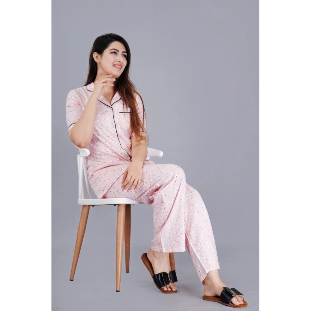 Casual Half Sleeve Printed Viscose Rayon Shirt With Pyjama Pant Night Suit Set (Pink)