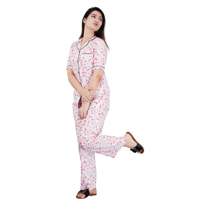 Casual Half Sleeve Printed Viscose Rayon Shirt With Pyjama Pant Night Suit Set (Baby Pink)