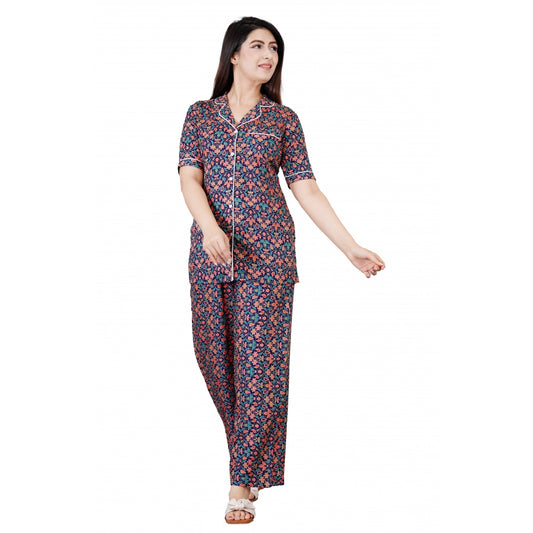 Casual Half Sleeve Printed Viscose Rayon Shirt With Pyjama Pant Night Suit Set (Blue)