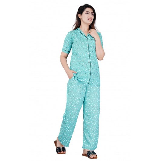 Casual Half Sleeve Printed Viscose Rayon Shirt With Pyjama Pant Night Suit Set (Green)