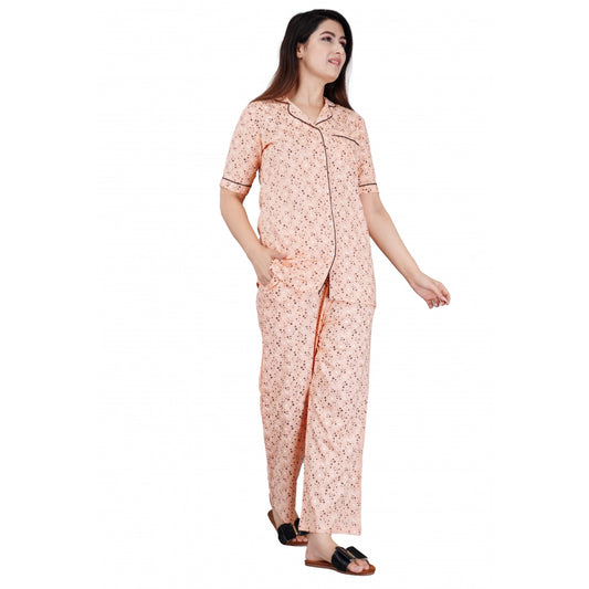 Casual Half Sleeve Printed Viscose Rayon Shirt With Pyjama Pant Night Suit Set (Peach)