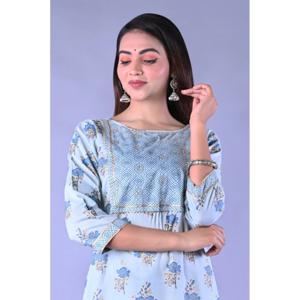 Blue Printed Rayon Kurti with Pant Set