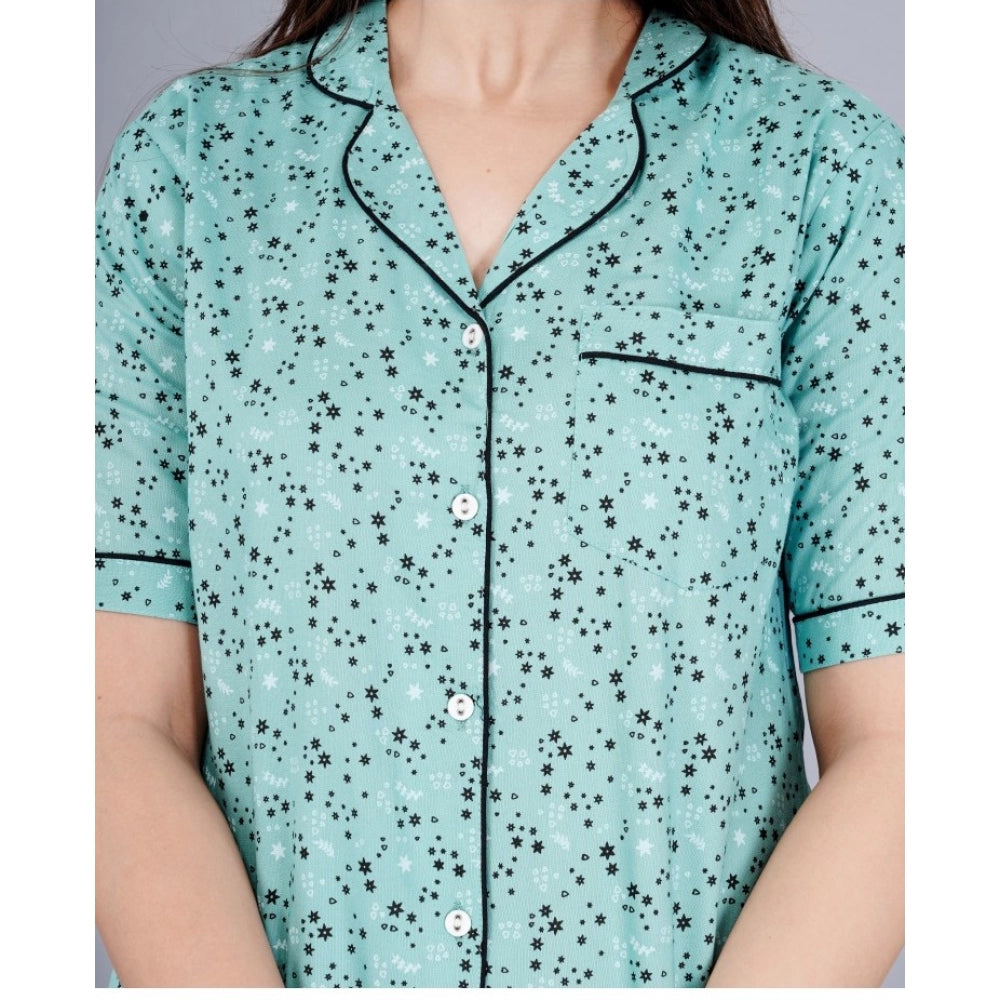 Casual Half Sleeve Printed Viscose Rayon Shirt With Pyjama Pant Night Suit Set (Green)