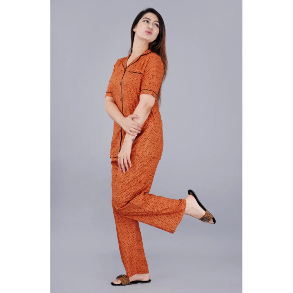 Casual Half Sleeve Printed Viscose Rayon Shirt With Pyjama Pant Night Suit Set (Brown)