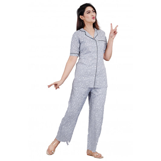 Casual Half Sleeve Printed Viscose Rayon Shirt With Pyjama Pant Night Suit Set (Grey)