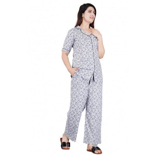 Casual Half Sleeve Printed Viscose Rayon Shirt With Pyjama Pant Night Suit Set (Grey)