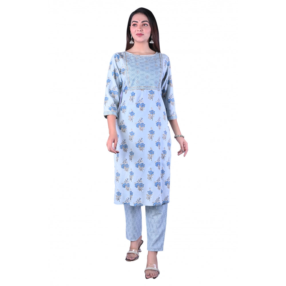 Blue Printed Rayon Kurti with Pant Set