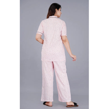 Casual Half Sleeve Printed Viscose Rayon Shirt With Pyjama Pant Night Suit Set (Pink)