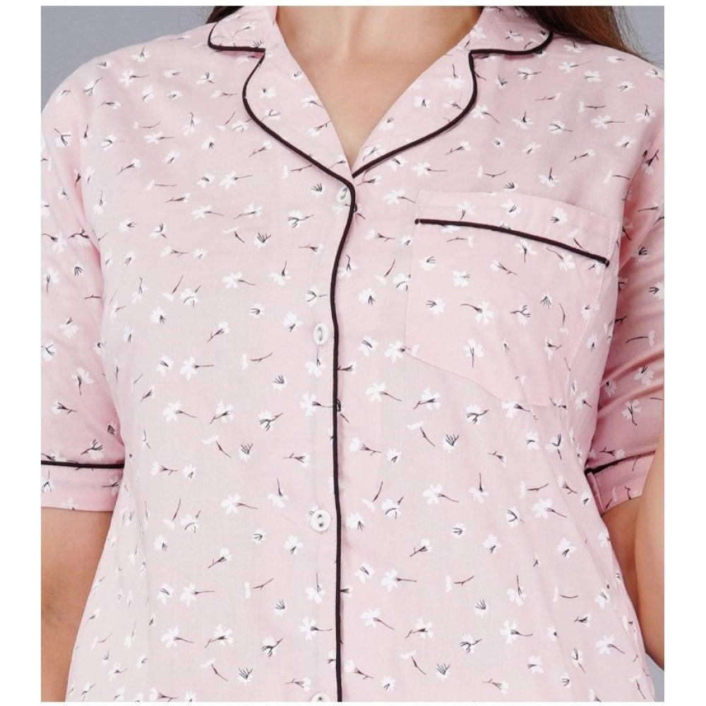 Casual Half Sleeve Printed Viscose Rayon Shirt With Pyjama Pant Night Suit Set (Pink)