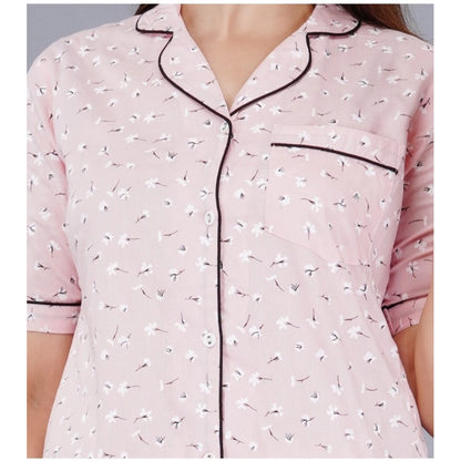 Casual Half Sleeve Printed Viscose Rayon Shirt With Pyjama Pant Night Suit Set (Pink)