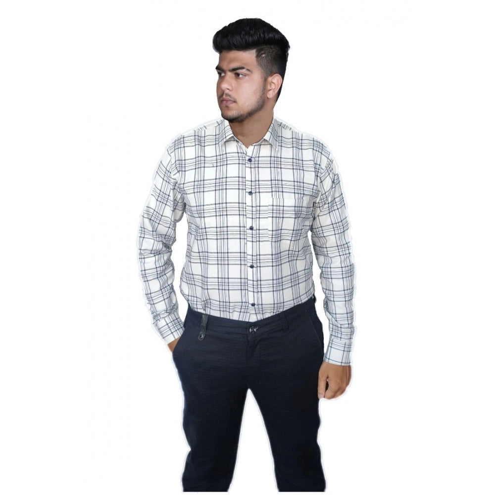 Generic Men's Cotton Lycra Full Sleeve Checked Casual Shirt (White)