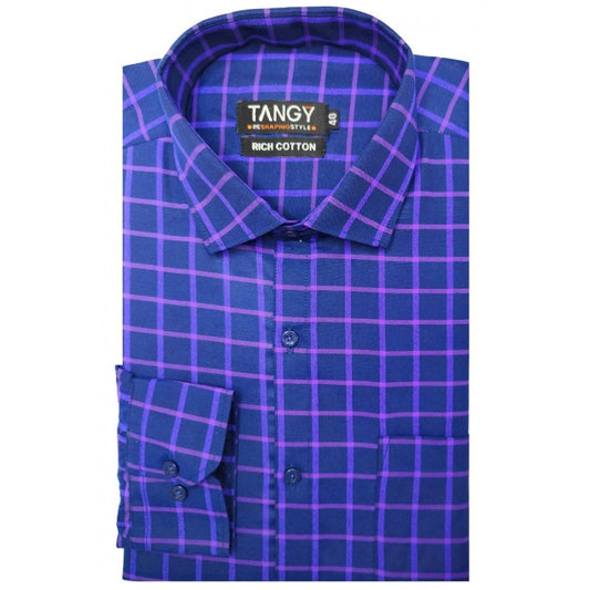 Generic Men's Cotton Lycra Full Sleeve Checked Casual Shirt (Blue Purple)