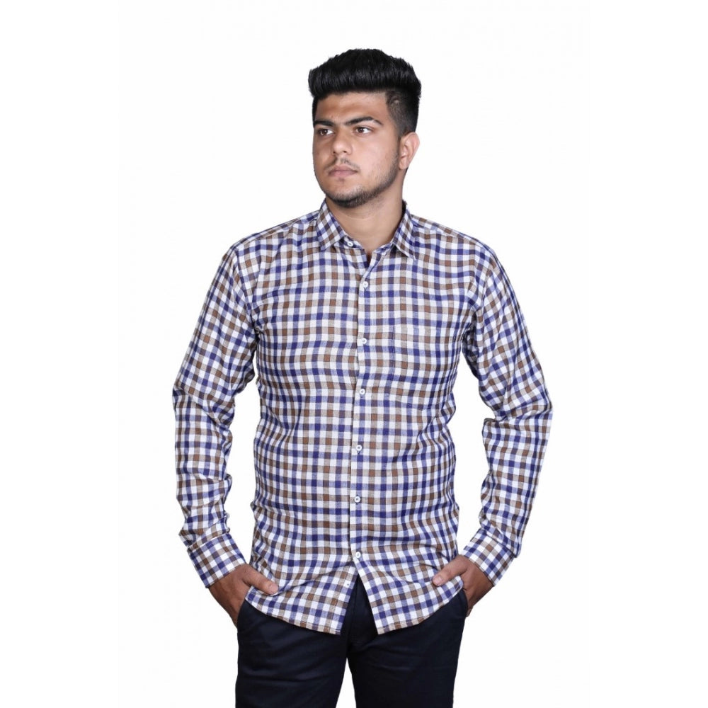 Generic Men's Cotton Lycra Full Sleeve Checked Casual Shirt (Brown Blue)