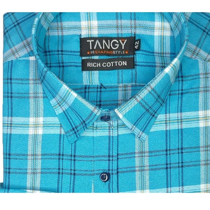 Generic Men's Cotton Lycra Full Sleeve Checked Casual Shirt (Sky Blue)