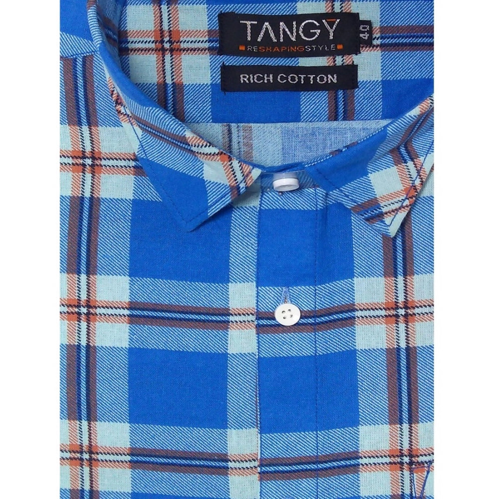 Generic Men's Cotton Lycra Full Sleeve Checked Casual Shirt (Blue White)