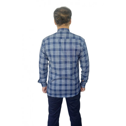 Generic Men's Cotton Lycra Full Sleeve Checked Casual Shirt (Navy Blue)