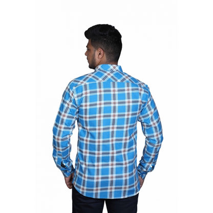 Generic Men's Cotton Lycra Full Sleeve Checked Casual Shirt (Blue White)