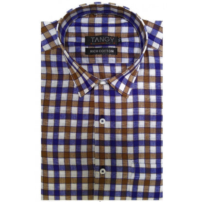 Generic Men's Cotton Lycra Full Sleeve Checked Casual Shirt (Brown Blue)