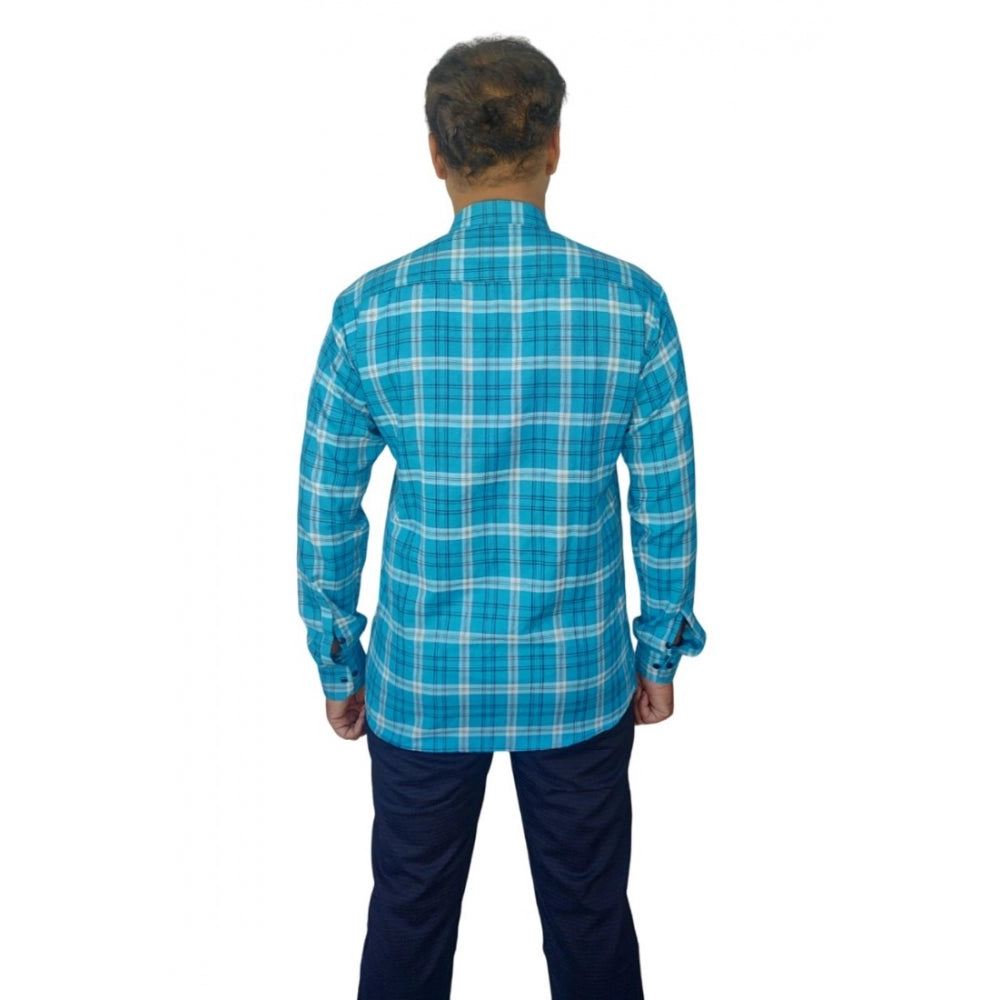 Generic Men's Cotton Lycra Full Sleeve Checked Casual Shirt (Sky Blue)