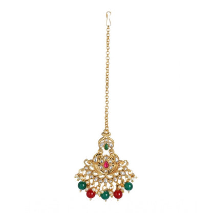 Generic Women's Rose Gold Plated Alloy Kundan Earrings &amp; Mangtikka (Red &amp; Green)