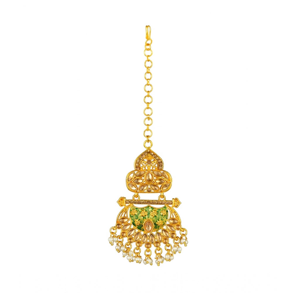 Generic Women's Rose Gold Plated Alloy Kundan Earrings &amp; Mangtikka (Green)