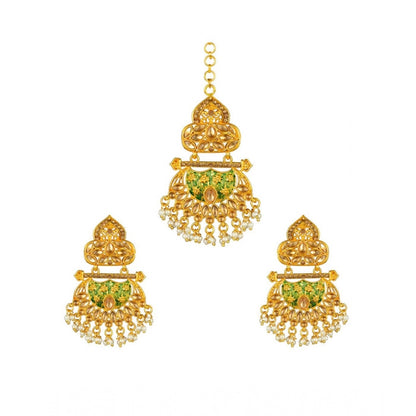 Generic Women's Rose Gold Plated Alloy Kundan Earrings &amp; Mangtikka (Green)