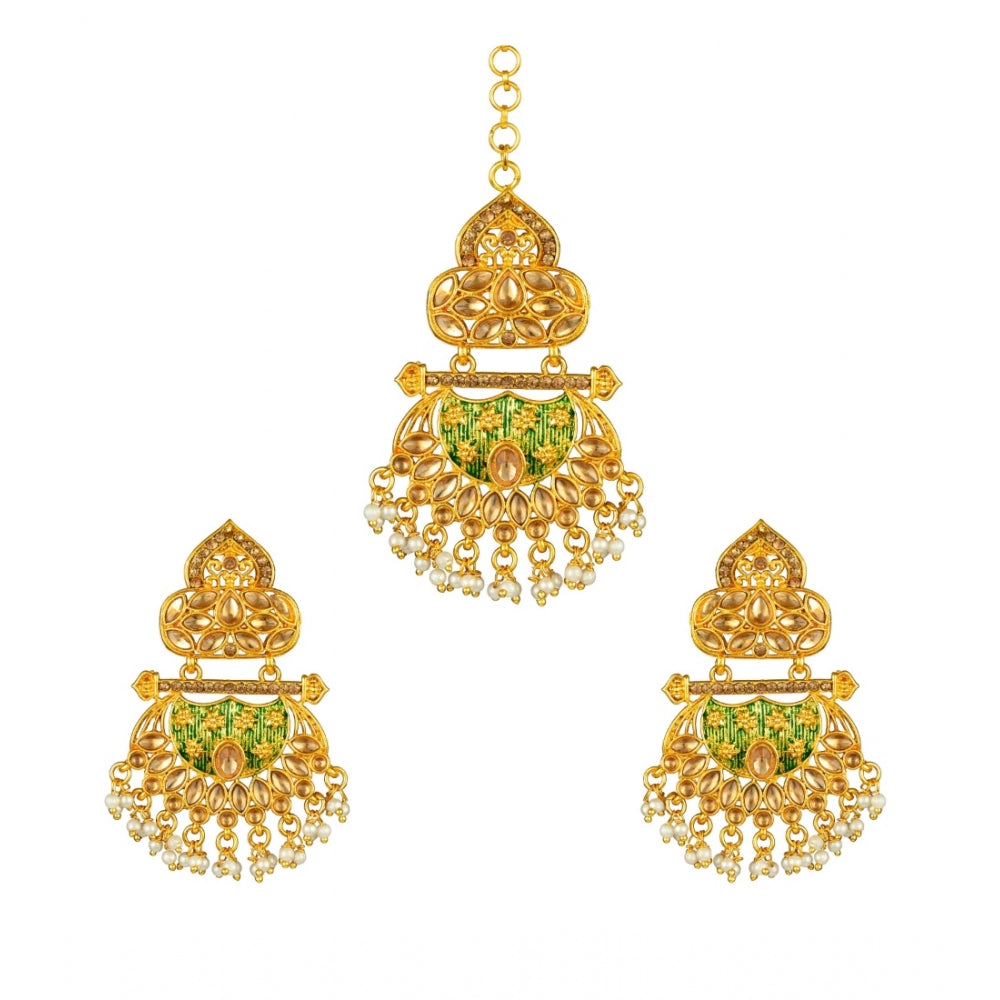 Generic Women's Rose Gold Plated Alloy Kundan Earrings &amp; Mangtikka (Green)