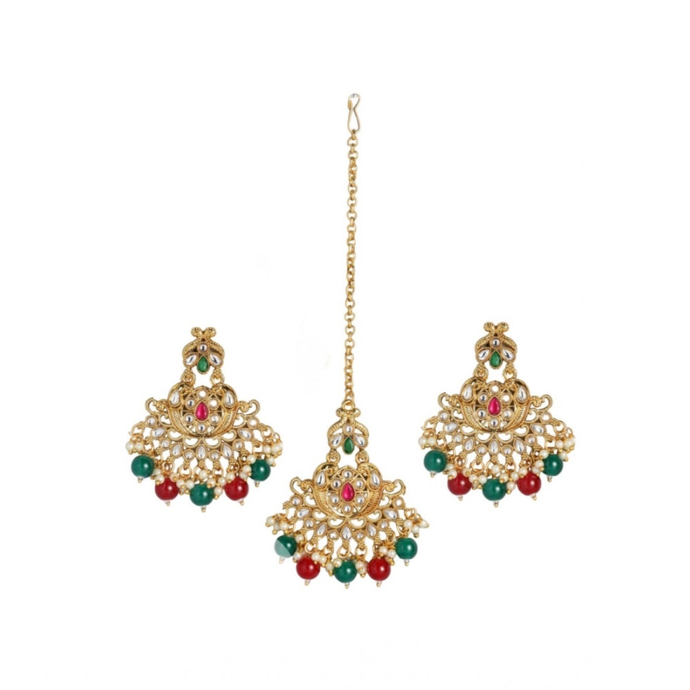 Generic Women's Rose Gold Plated Alloy Kundan Earrings &amp; Mangtikka (Red &amp; Green)