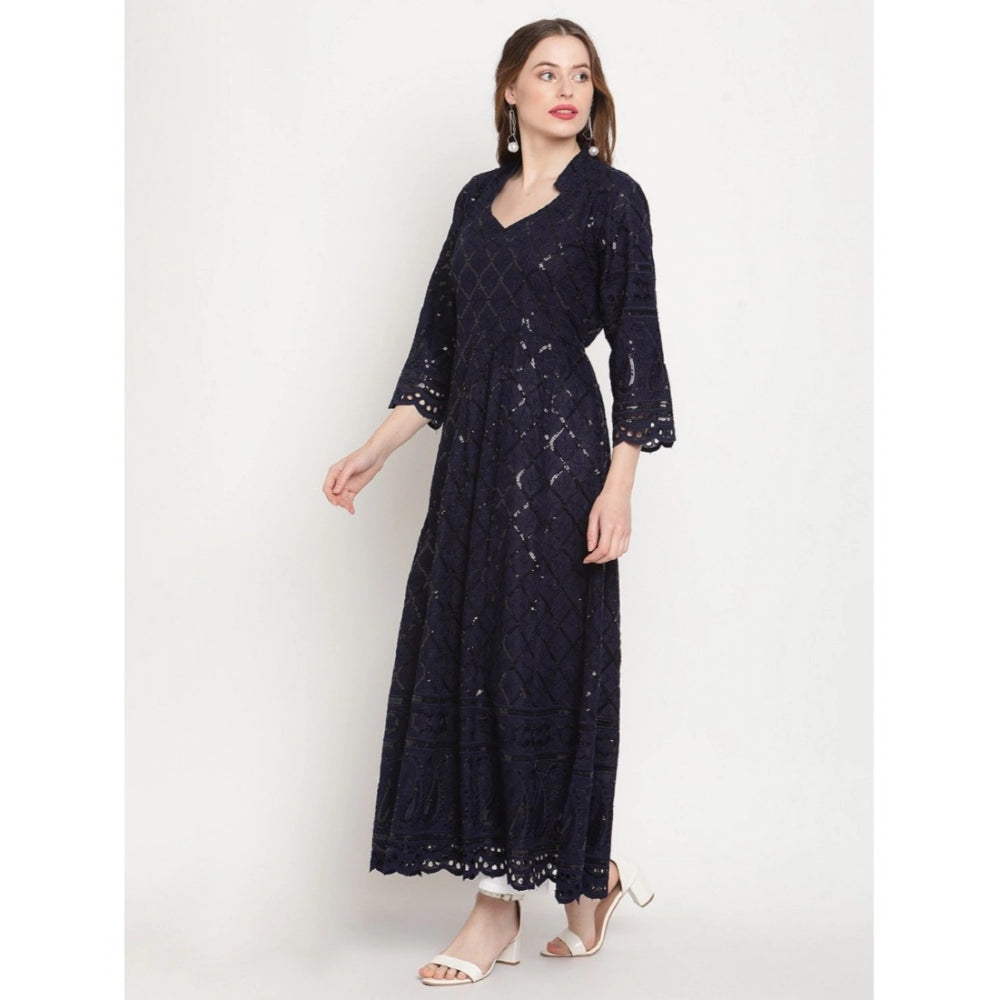 Navy Blue Embroidered Cotton Kurti for Women