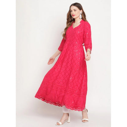 Magenta Embroidered Cotton Anarkali Kurti