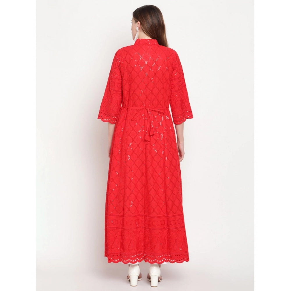 Red Embroidered Cotton Kurti for Women