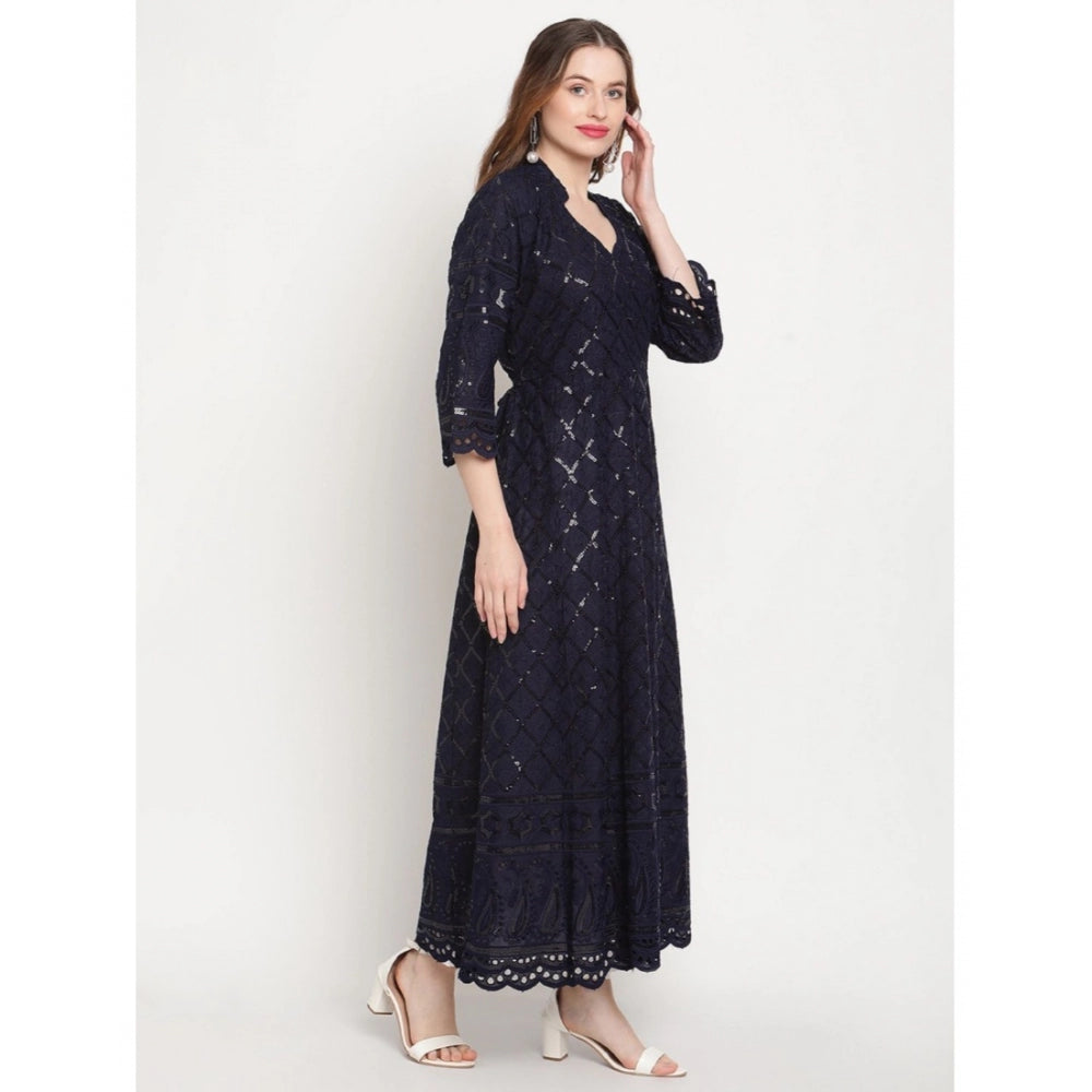 Navy Blue Embroidered Cotton Kurti for Women