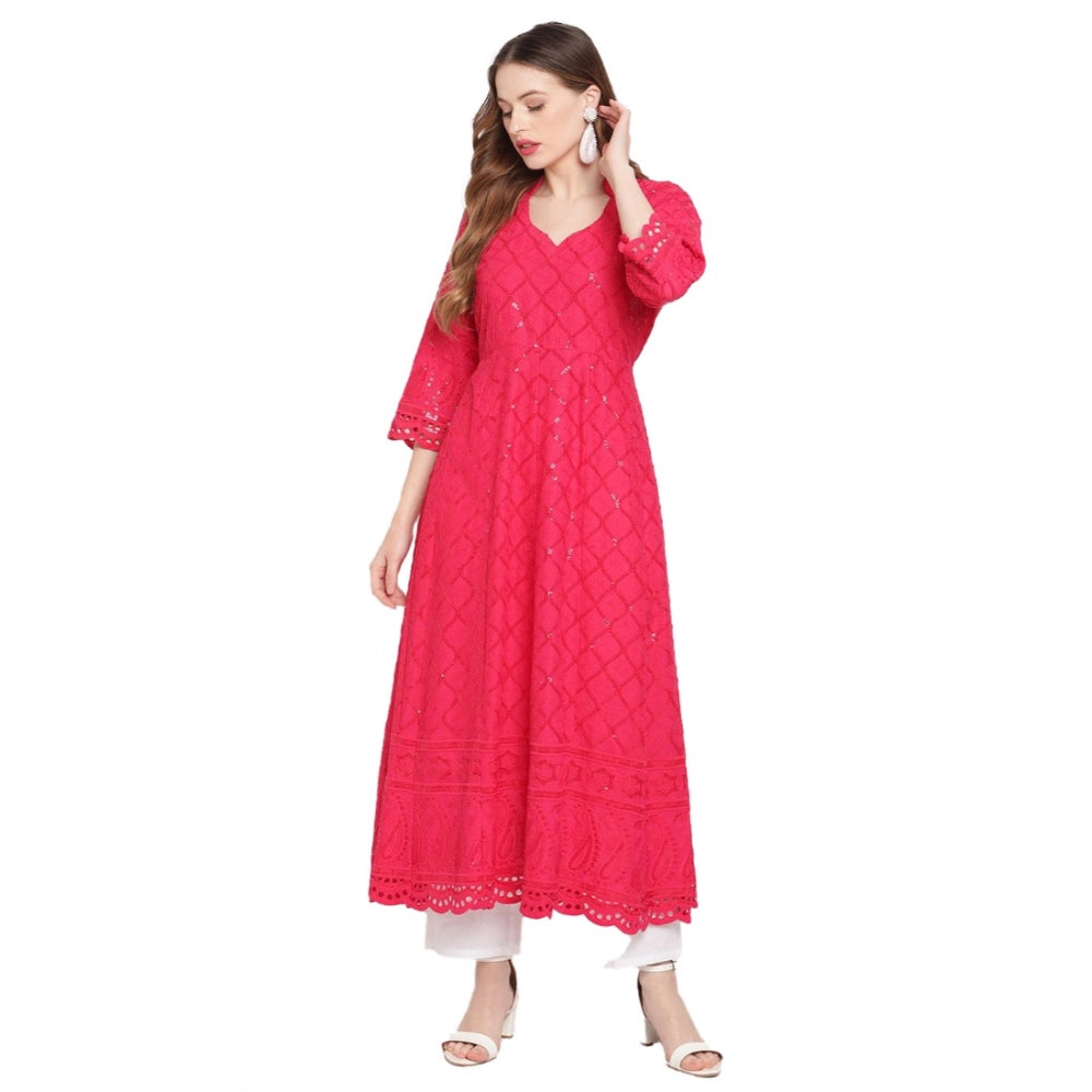 Magenta Embroidered Cotton Anarkali Kurti