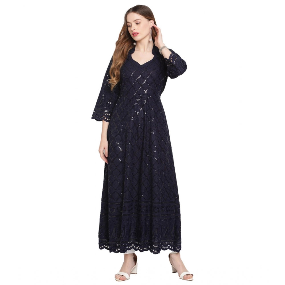 Navy Blue Embroidered Cotton Kurti for Women