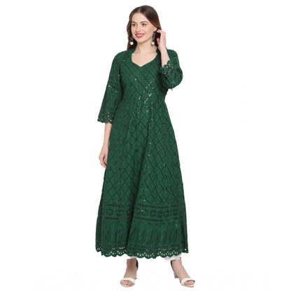 Dark Green Embroidered Cotton Anarkali Kurti