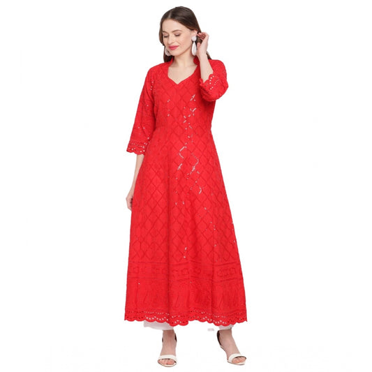 Red Embroidered Cotton Kurti for Women