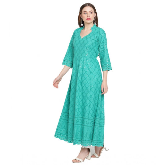 Blue Embroidered Cotton Anarkali Kurti