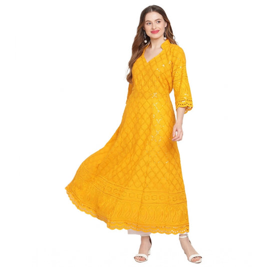 Mustard Embroidered Cotton Kurti for Women