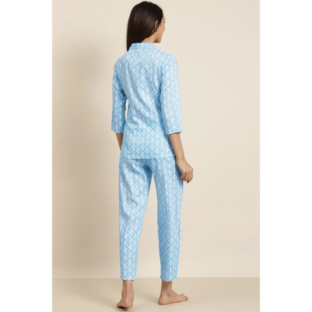 Casual 3/4 th Sleeve Floral Printed Rayon Shirt With Pyjama Pant Night Suit Set (Blue)