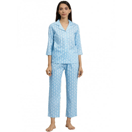 Casual 3/4 th Sleeve Floral Printed Rayon Shirt With Pyjama Pant Night Suit Set (Blue)