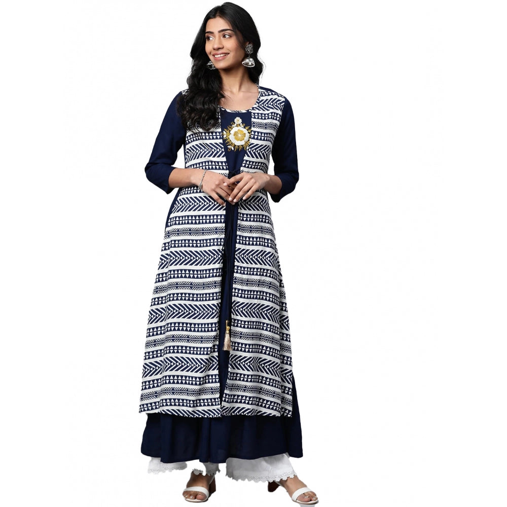 Navy Blue Geometric Rayon Kurti