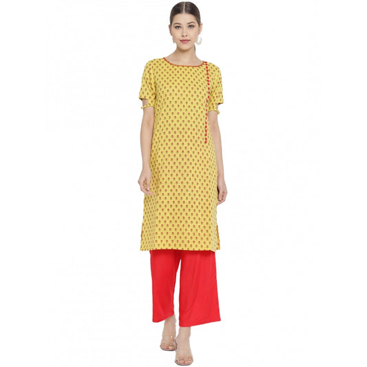 Yellow & Red Floral Printed Cotton & Rayon Kurti Palazzo Set