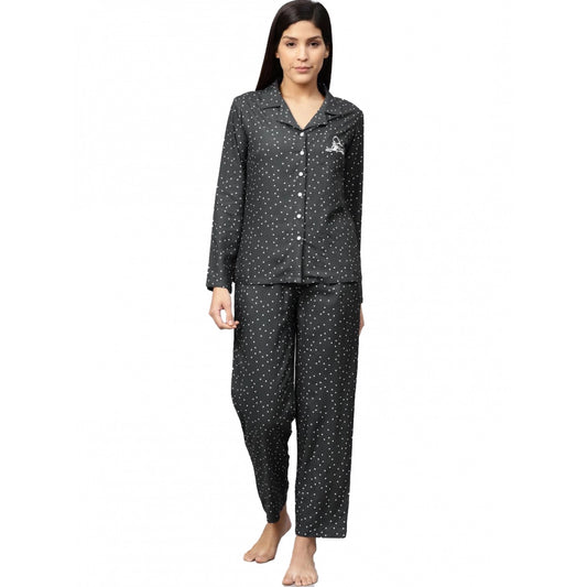 Casual Full Sleeves Polka Dot Printed Rayon Shirt With Pyjama Pant Night Suit Set (Grey)