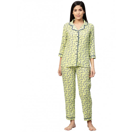 Casual 3/4 Sleeve Floral Printed Rayon Shirt With Pyjama Pant Night Suit Set (Green)