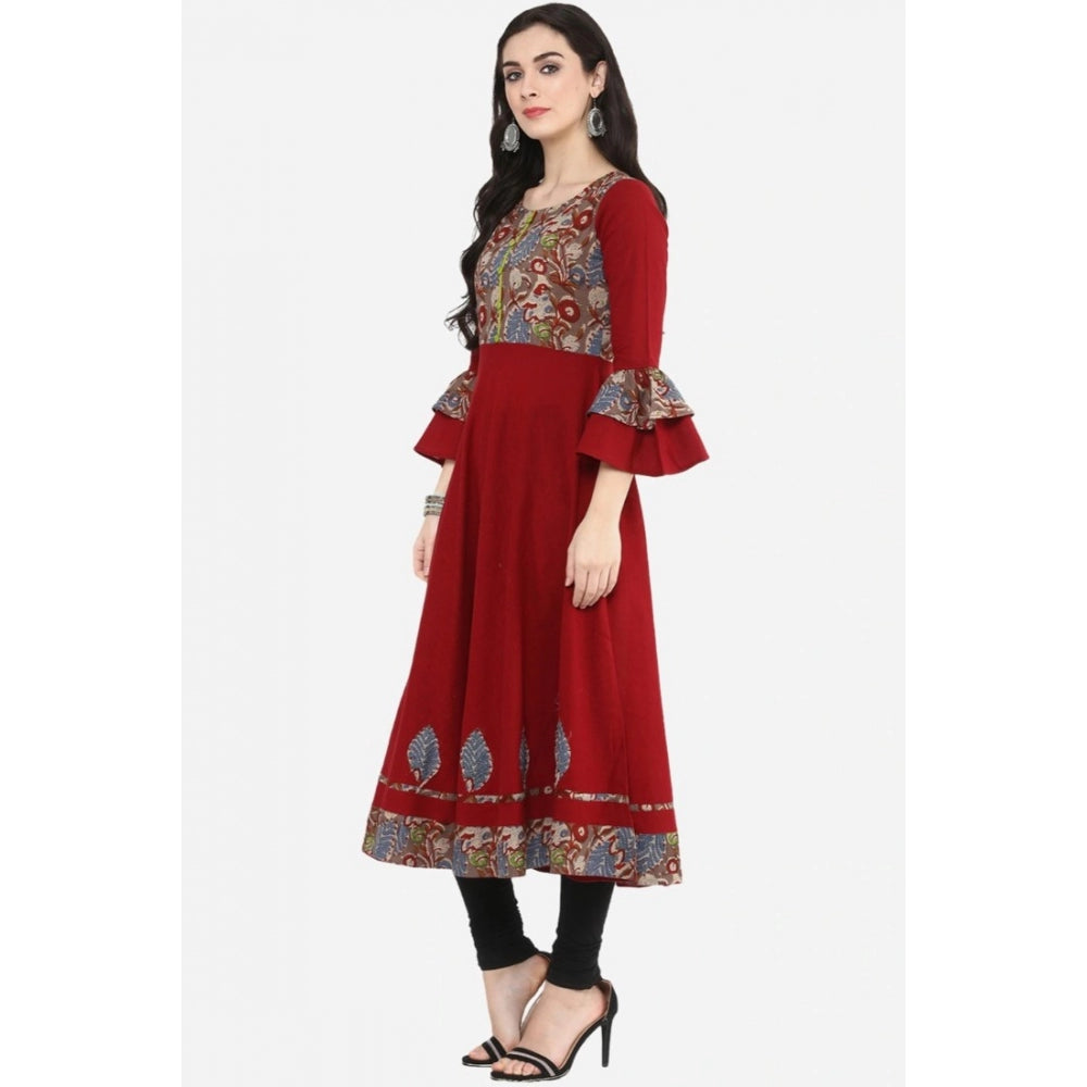 Casual Bell Sleeves Printed Cotton Kurti (Maroon)