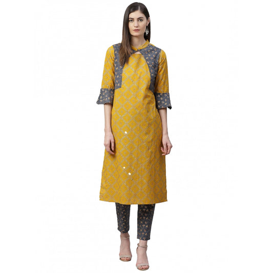 Yellow Geometrical Printed Cotton Kurti Set